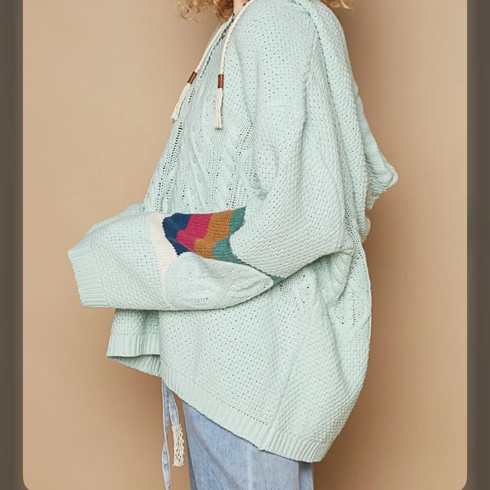 16. POL OVERSIZED Boho Planket Hoodie Balloon sleeve knit Mint - Picture 2 of 3
